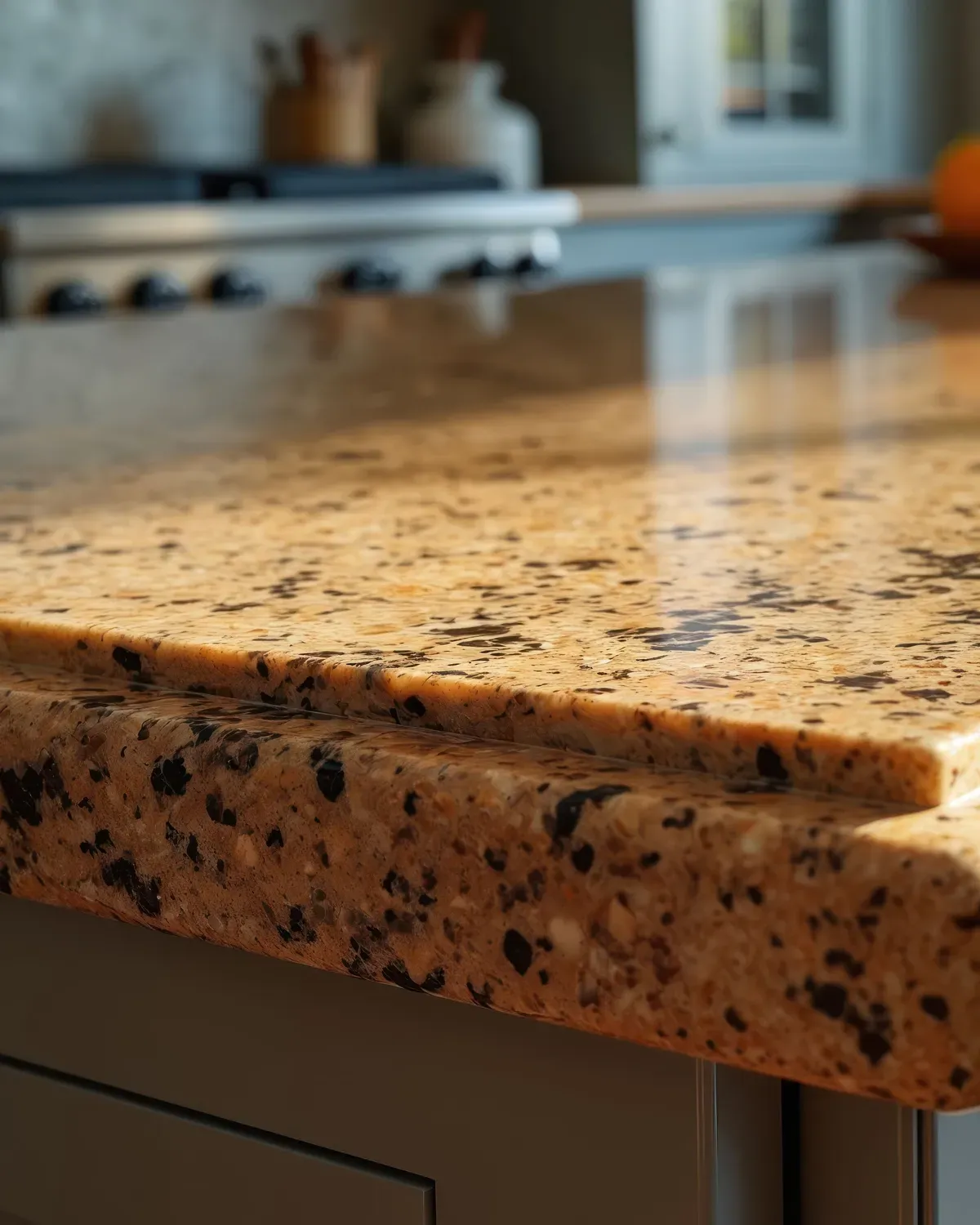 The corner of a polished granite countertop, showing the rounded profile cut into the front lip and the full thickness of the slab
