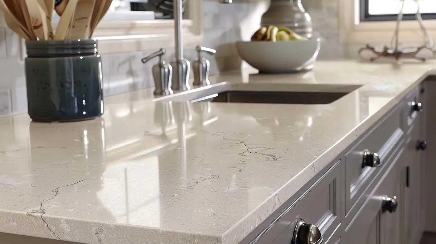 A cream quartz countertop with fine grey veining running past an undermount sink and a chrome faucet