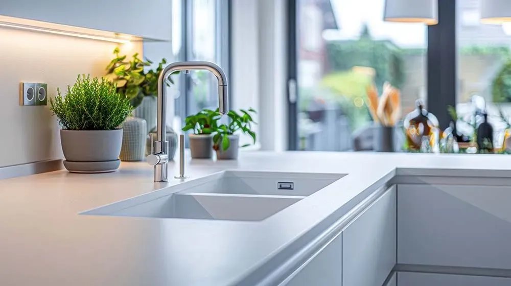 A white solid-surface countertop with a molded sink cast into it, no rim and no visible seam, in a bright modern kitchen