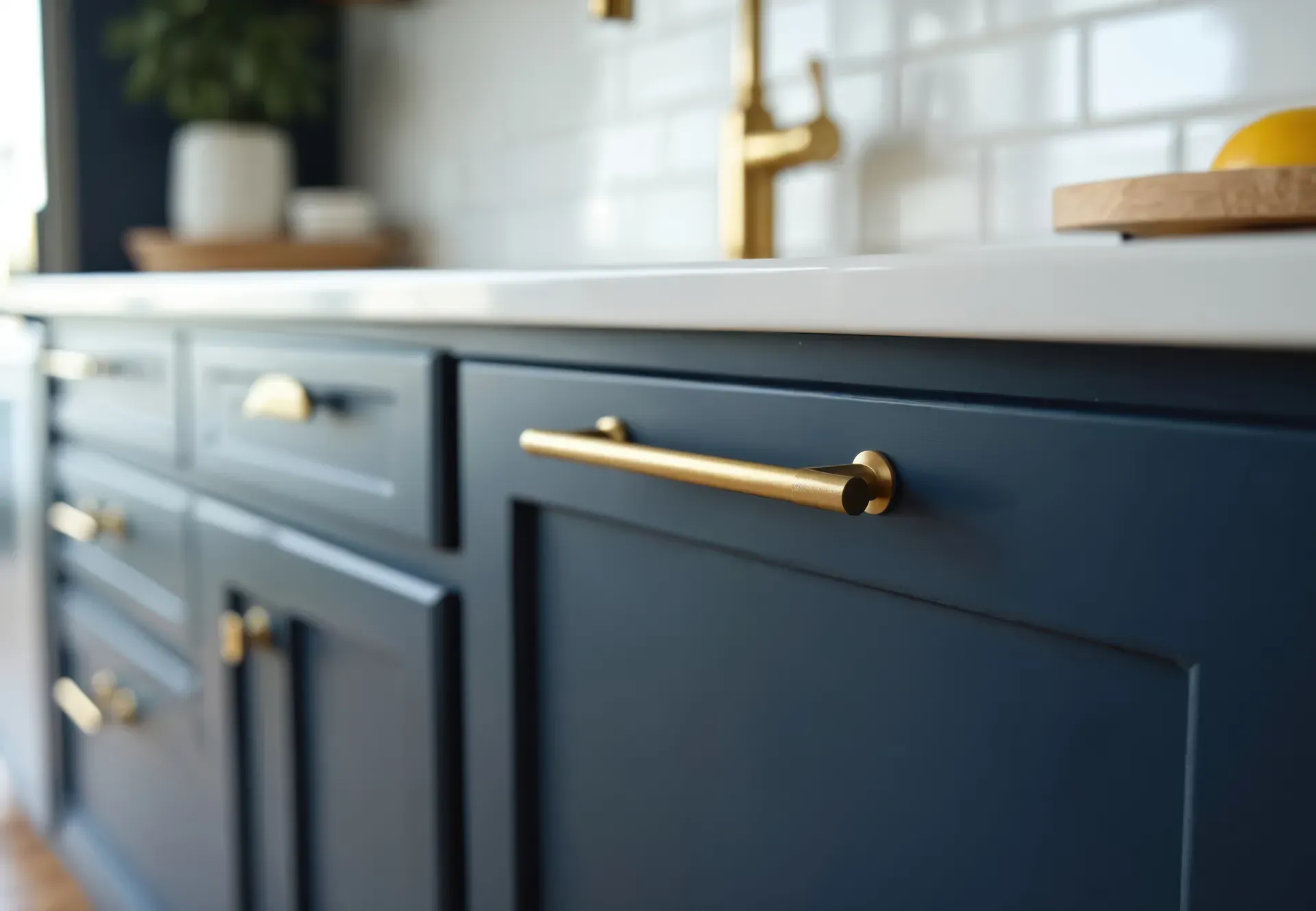 Navy shaker cabinet doors with a slim brass bar pull, under a white counter