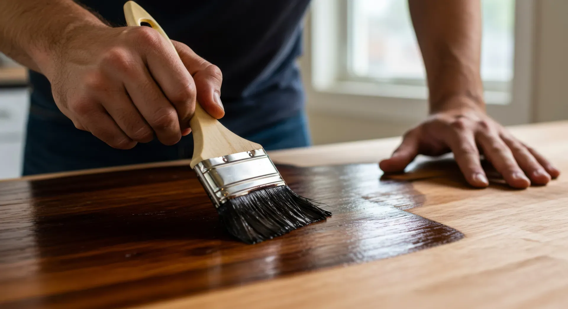 A brush laying dark stain across a bare wood cabinet door, half finished