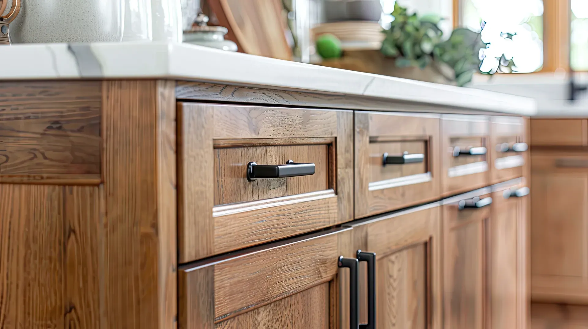 Oak cabinet doors and drawer fronts with the grain reading through a clear finish, under a white quartz top
